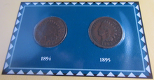 Load image into Gallery viewer, INDIAN HEAD PENNIES ISSUED 1894 &amp; 1895 WITH POSTAGE STAMPS ON ALBUM INFO SHEET
