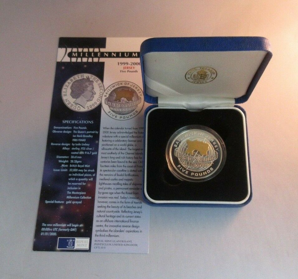 1999-2000 JERSEY MILLENNIUM GOLD SILVER PROOF £5 FIVE POUND COIN BOX/COA Cc1