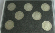 Load image into Gallery viewer, FLORIN SET OF SEVEN SILVER COINS IN CLEAR HARD CASE &amp; ROYAL MINT BLUE BOOK
