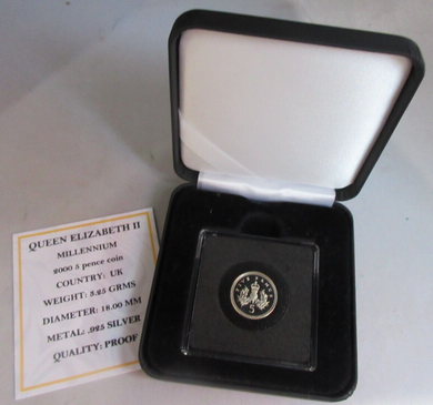 2000 QEII MILLENNIUM SILVER PROOF FIVE PENCE 5P COIN BOX & COA