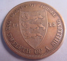Load image into Gallery viewer, 1913 KING GEORGE V STATES OF JERSEY ONE TWELFTH OF A SHILLING aUNC IN CLEAR FLIP
