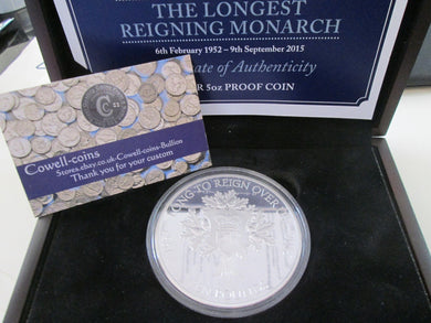 2015 Silver Proof 5oz LONGEST REIGNING MONARCH £10 COIN JERSEY No 374 OF 450