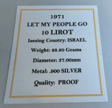 Load image into Gallery viewer, 1971 LET MY PEOPLE GO SILVER PROOF ISRAEL 10 LIROT .900 SILVER COIN BOX &amp; COA
