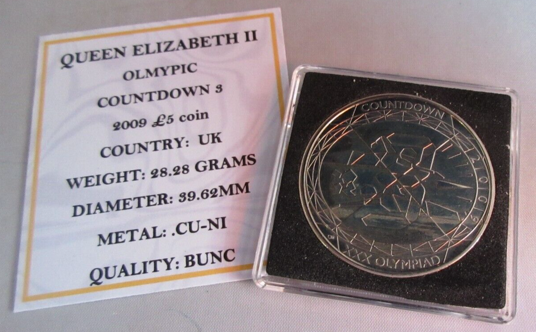 2009 QEII OLYMPIC COUNTDOWN 3 BUNC £5 FIVE POUND COIN QUAD CAPSULE & COA