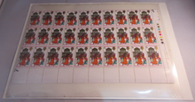 Load image into Gallery viewer, 1968 HAPPY CHRISTMAS HALF SHEET 60 x 9d STAMPS MNH T-LIGHTS AND STAMP HOLDER
