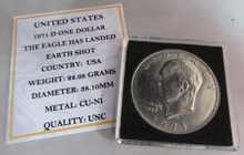 Load image into Gallery viewer, 1971 USA D THE EAGLE HAS LANDED EARTH SHOT ONE DOLLAR $1 COIN UNC CAPSULE &amp; COA
