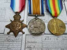 Load image into Gallery viewer, WWI 1914 - 1918 MEDAL TRIO TO ALFRED.G.THORNTON ROYAL FIELD ARTILLERY No 1132
