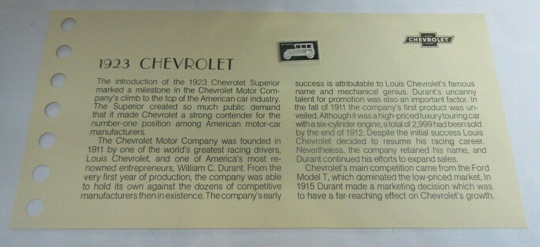 1923 CHEVROLET 15mm X 10mm 1.60gram SILVER INGOT WITH INFORMATION SLIP