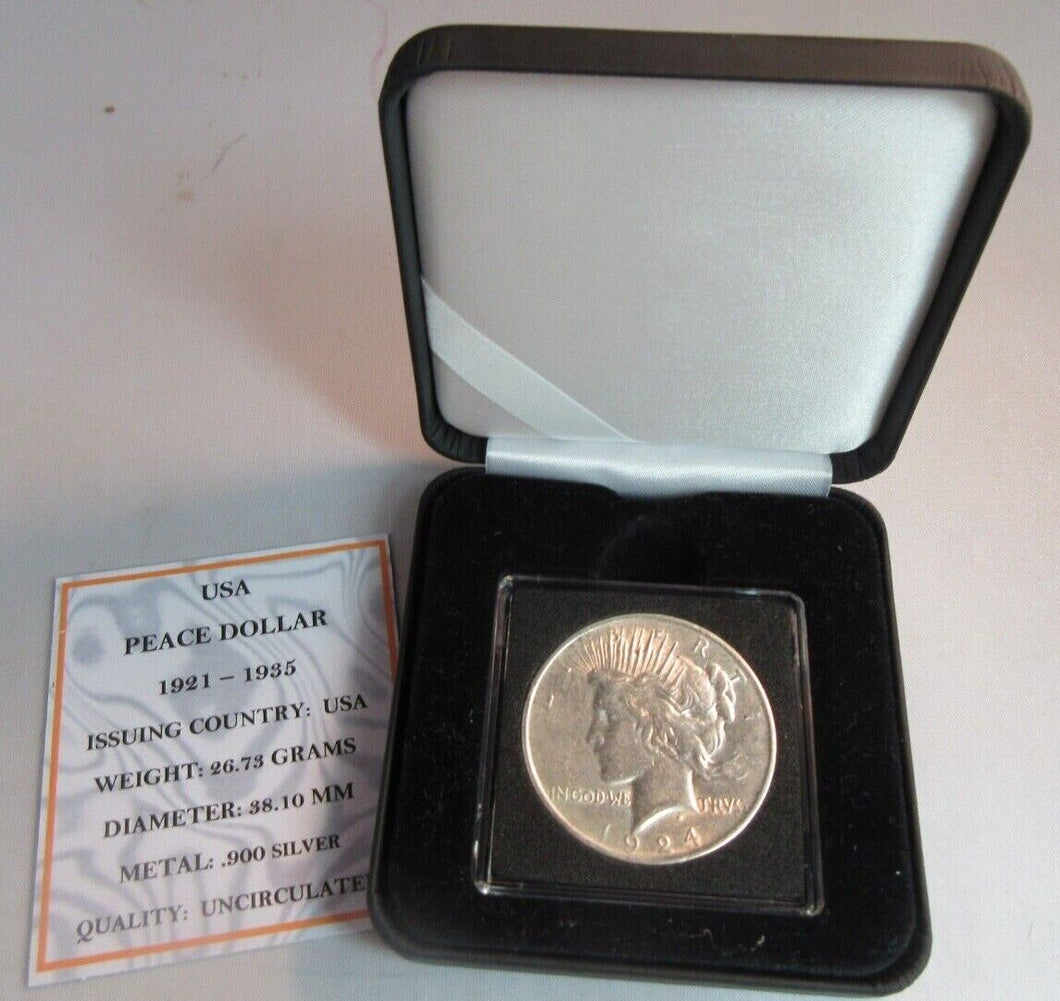 1924 SILVER PEACE DOLLAR .900 $1 UNC PHILADELPHIA MINT BOX & COA