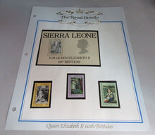 Load image into Gallery viewer, 1986 QUEEN ELIZABETH II 60TH BIRTHDAY SIERRA LEONE STAMPS &amp; ALBUM SHEET
