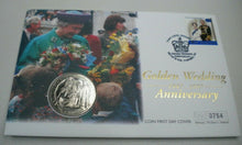 Load image into Gallery viewer, 1947-1997 GOLDEN WEDDING ANNIVERSARY BUNC $5 DOLLAR COIN FIRST DAY COVER PNC
