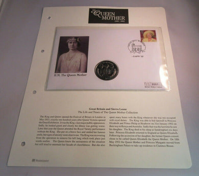 1900-2002 HM QUEEN ELIZABETH QUEEN MOTHER PROOF SIERRA LEONE $1 COIN COVER PNC