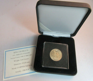 1951 KING GEORGE VI BARE HEAD PROOF ENGLISH ONE SHILLING COIN BOXED WITH COA