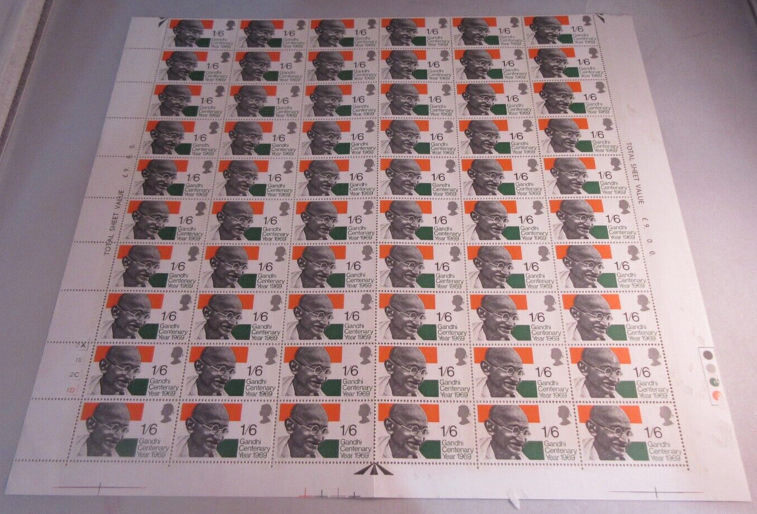 1969 GANDHI CENTENARY YEAR HALF SHEET 1/6 60 STAMPS MNH T-LIGHTS & STAMP HOLDER