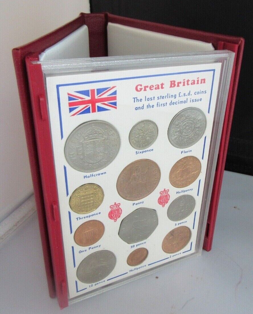 GB THE LAST STERLING COINS £.S.D & THE FIRST DECIMAL ISSUE & ROYAL MINT RED BOOK