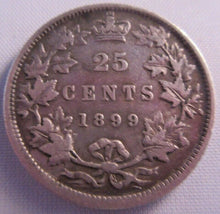 Load image into Gallery viewer, 1899 CANADA 25 CENTS SILVER VF COIN IN PROTECTIVE CLEAR FLIP
