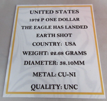 Load image into Gallery viewer, 1972 USA P THE EAGLE HAS LANDED EARTH SHOT ONE DOLLAR $1 COIN IN QUAD CAP &amp; COA
