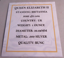 Load image into Gallery viewer, 2020 QEII STANDING BRITANNIA  1oz SILVER BU £2 TWO POUNDS COIN BOX &amp; COA
