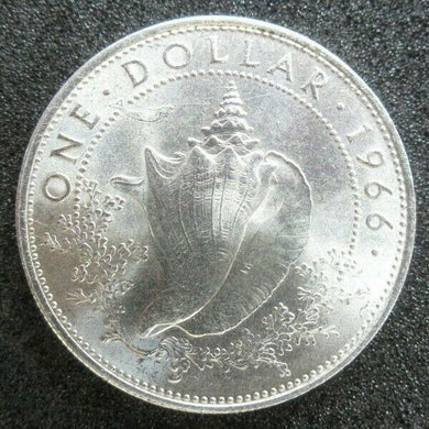 1966 BAHAMAS QUEEN ELIZABETH II 1 DOLLAR .800 SILVER BUNC 34MM COIN CONCH SHELL