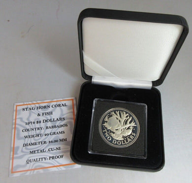 1974 PROOF STAGHORN CORAL & FISH BARBADOS $2 COIN BOX & COA