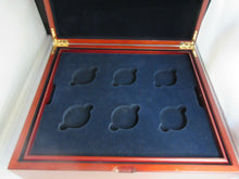 Load image into Gallery viewer, WOODEN COIN BOX HOLDS UP TO 12 £5 OR CROWN SIZED ENCAPSULATED COINS NAVY INSIDE
