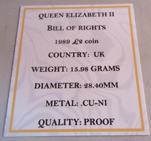 Load image into Gallery viewer, 1989 QEII BILL OF RIGHTS UK ROYAL MINT PROOF £2 COIN BOXED WITH COA
