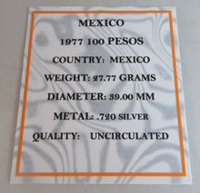 Load image into Gallery viewer, 1977 MEXICO 100 PESOS SILVER UNC WITH QUADRANT BOX &amp; CERTIFICATE OF AUTHENTICITY
