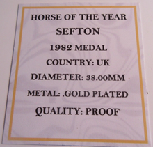 Load image into Gallery viewer, 1982 HORSE OF THE YEAR SEFTON GOLD PLATED PROOF MEDAL CAPSULE BOX &amp; COA
