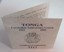 Load image into Gallery viewer, 1993 CORONATION ANNIVERSARY CROWN SILVER PROOF TONGA 1 PA ANGA COIN BOX &amp; COA
