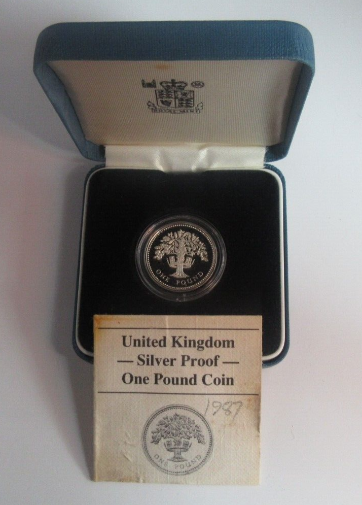 1987 Shield of Arms Silver Proof Royal Mint UK £1 Coin Box + COA