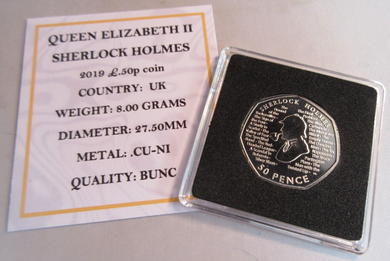 2019 SHERLOCK HOLMES QEII BUNC 50P FIFTY PENCE COIN WITH QUAD CAPSULE & COA