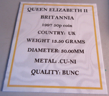 Load image into Gallery viewer, 1997 BRITANNIA QEII BUNC 50P FIFTY PENCE COIN WITH QUAD CAPSULE &amp; COA
