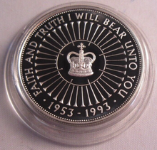 Load image into Gallery viewer, 1953-1993 UK QEII CORONATION 40TH ANNIVERSARY SILVER PROOF CROWN BOX &amp; COA
