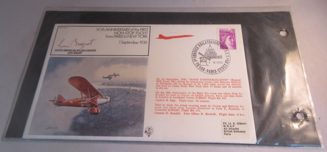 50TH ANNIVERSARY FIRST NON STOP FLIGHT PARIS TO NEW YORK FLOWN STAMP COVER