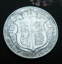 Load image into Gallery viewer, 1914 GEORGE V BARE HEAD FIRST COINAGE 1/2 CROWN SPINK 4011 CROWNED SHIELD Cc3
