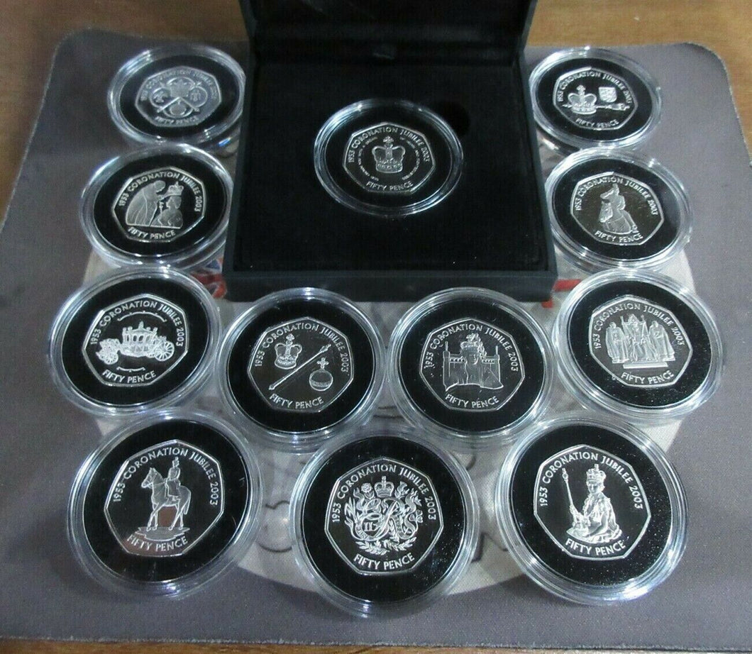 2003 Coronation UK Silver Proof 50p coins From Guernsey,Jersey&Alderney Boxed