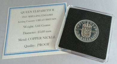 1953 QUEEN ELIZABETH II PROOF ENGLISH ONE SHILLING COIN IN CAPSULE WITH COA