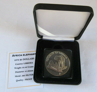 1974 AFRICAN ELEPHANT LIBERIA SILVER PROOF $5 DOLLAR COIN WITH BOX & COA