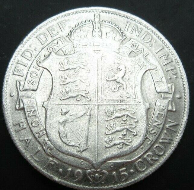 1915 GEORGE V BARE HEAD FIRST COIN HALF 1/2 CROWN SPINK 4011 CROWNED SHIELD Cc6