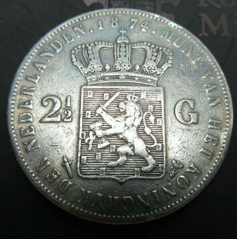 1874 DUTCH 2 1/2 GUILDER WILLEM III SILVER COIN GOD Z Y MET S ON RIM