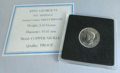 1951 KING GEORGE VI SIXPENCE 6d PROOF COIN IN QUADRANT CAPSULE WITH COA