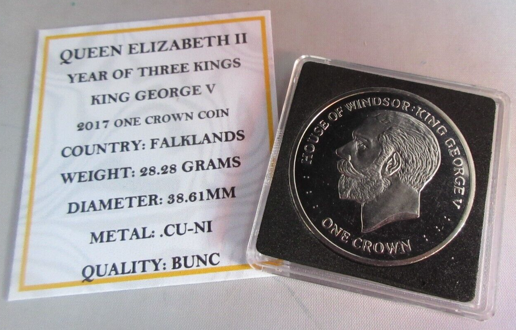 2017 YEAR OF THREE KINGS KING GEORGE V FALKLAND ISLANDS ONE CROWN COIN CAP & COA