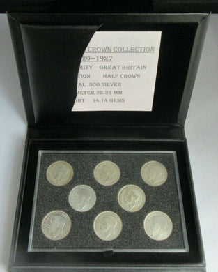 1920-1927 KING GEORGE V BARE HEAD SILVER HALF CROWN 8 COIN COLLECTION BOXED