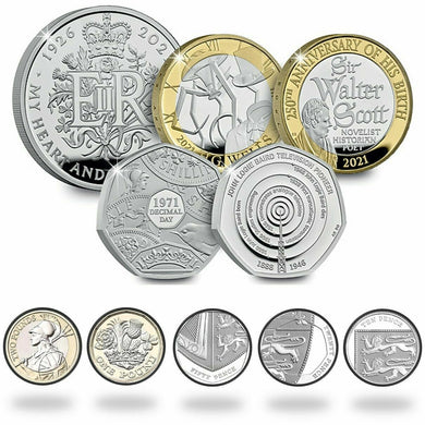 2021 UK ROYAL MINT £5 £2 £1 50p proof Coins John H.G. Wells Sir Walter Scott