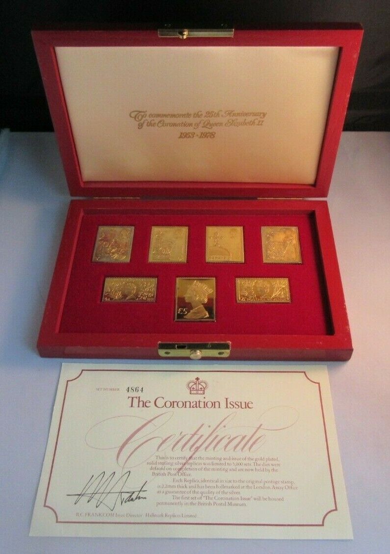 CORONATION ISSUE 25TH ANNIV HALLMARKED GOLD PLATED SILVER STAMPS BOXED WITH COA