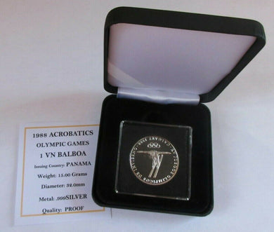 1988 OLYMPIC GAMES CALGARY SILVER PROOF .999 ACROBATIC 1 VNBALBOA COIN BOX & COA