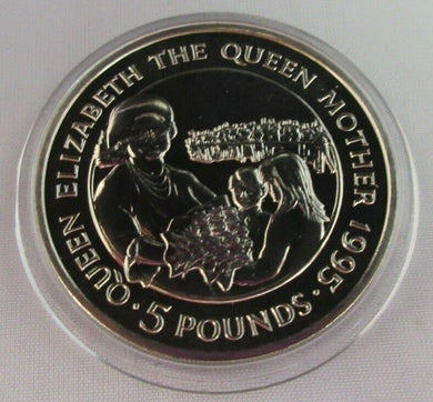 1995 R/MINT HM QUEEN ELIZABETH THE QUEEN MOTHER BUNC ALDERNEY £5 COIN & CAPSULE