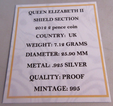 Load image into Gallery viewer, 2012 QUEEN ELIZABETH II SHIELD SECTION SILVER PROOF TWO PENCE COIN BOX &amp; COA
