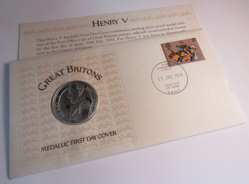 1974 GREAT BRITONS HENRY V MEDALLIC 1ST DAY COVER SILVER PROOF MEDAL PNC