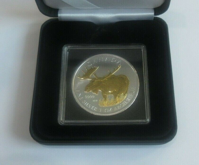 2012 1oz Silver BUnc $5 Canada Gold Gilded Moose Coin + Quad Box